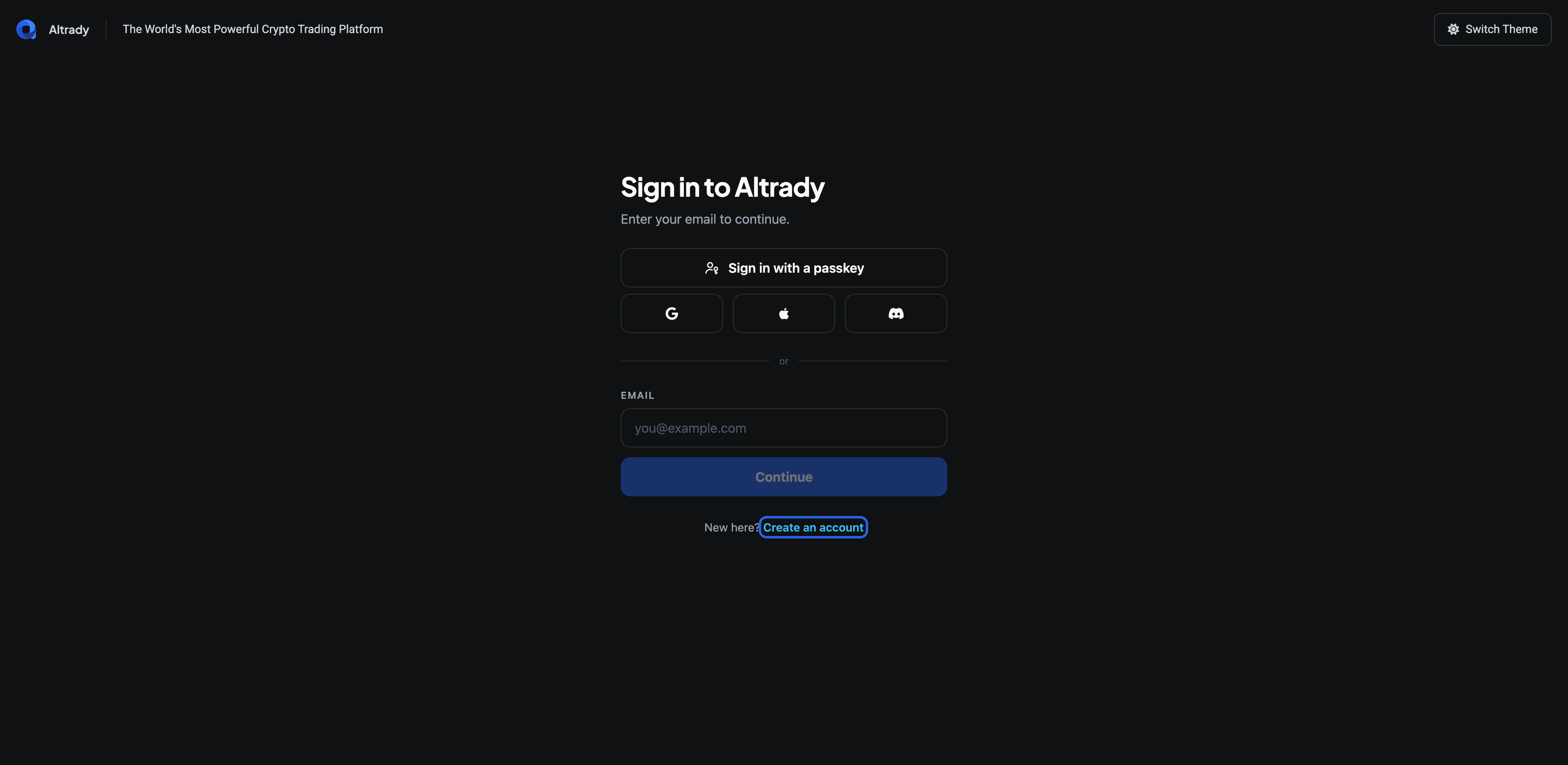 The Create an account link on the Altrady sign-in screen