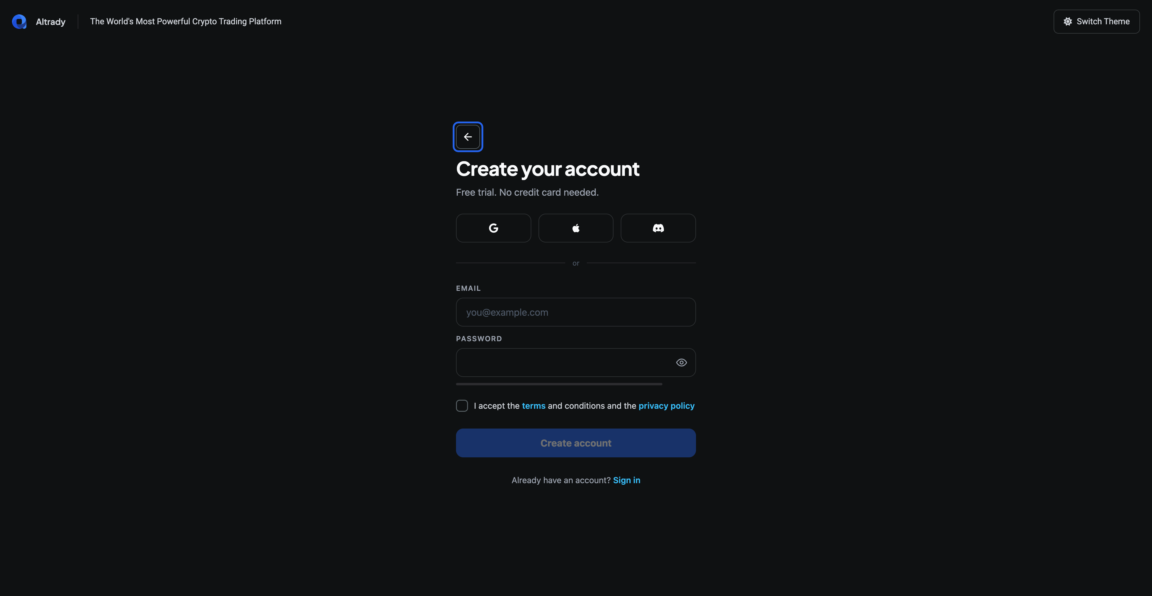 The Create your account form with social sign-up buttons and email and password fields