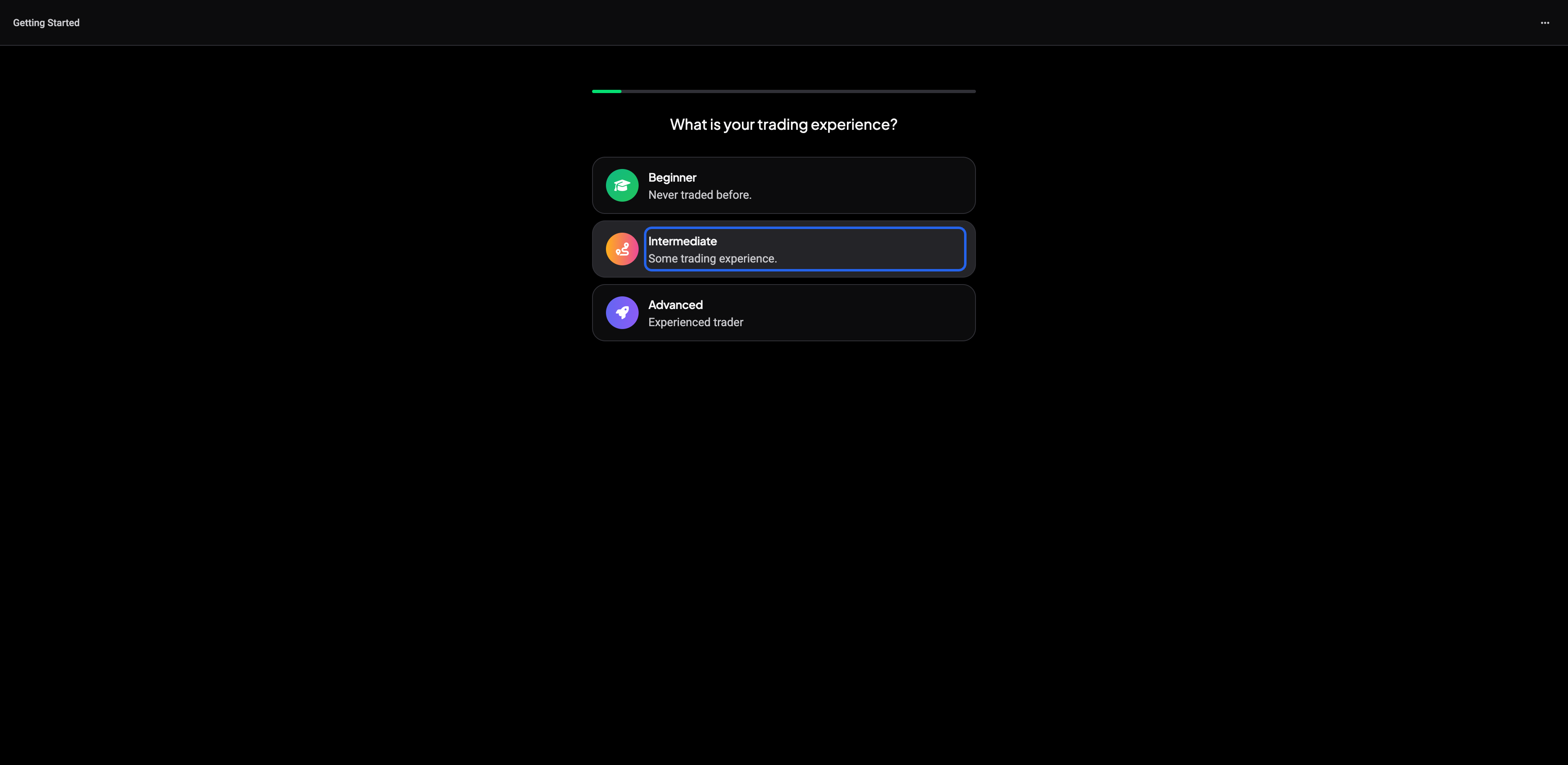 The trading experience question in the onboarding
