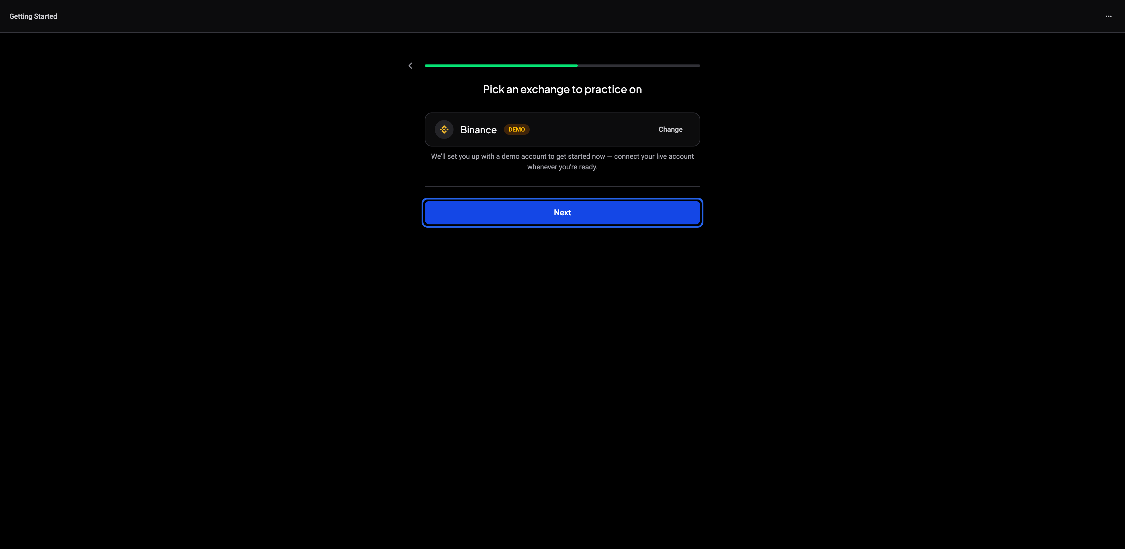 The pick-an-exchange step that sets up your demo account