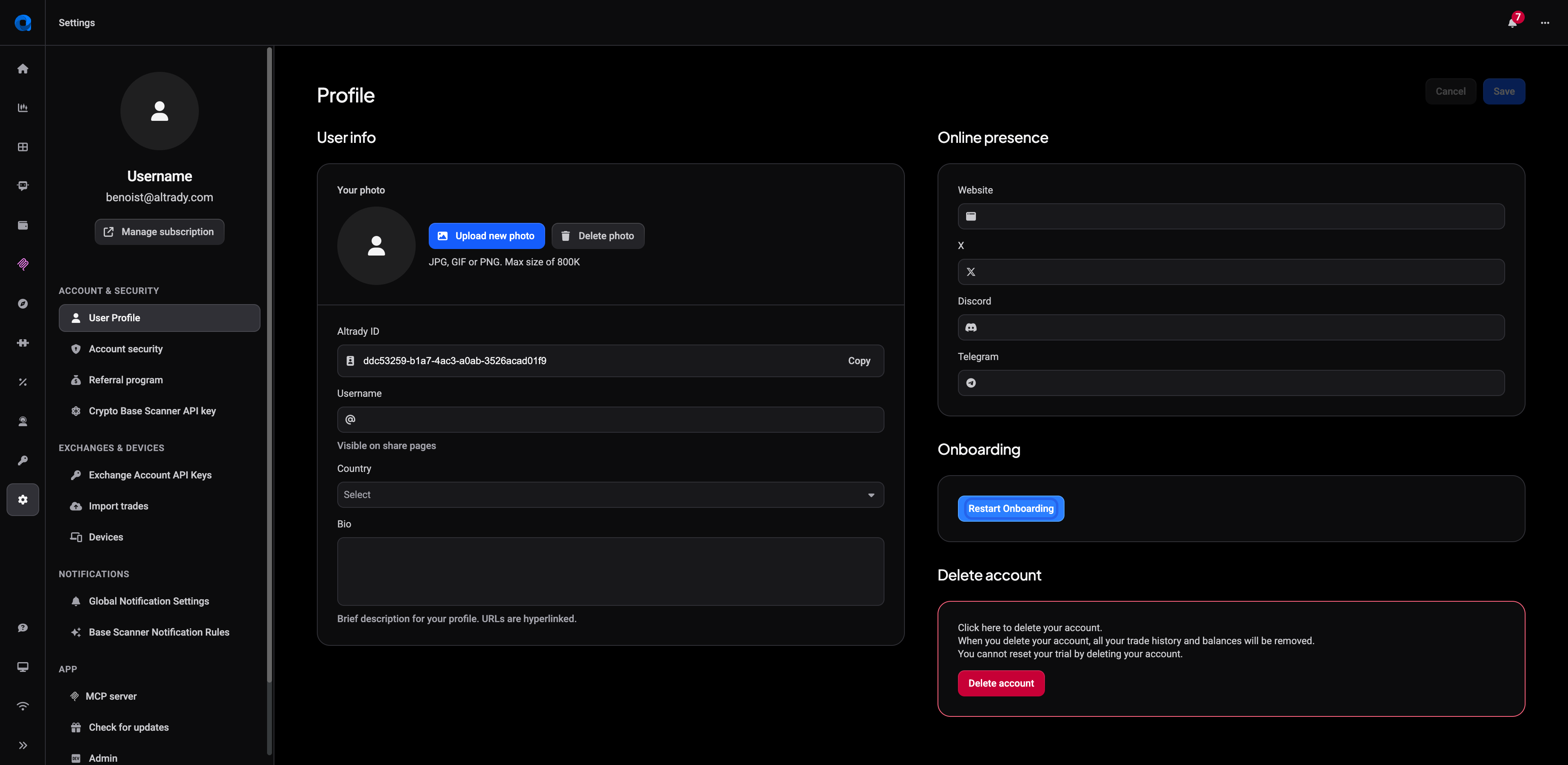 The Restart Onboarding button on the Settings > User Profile page