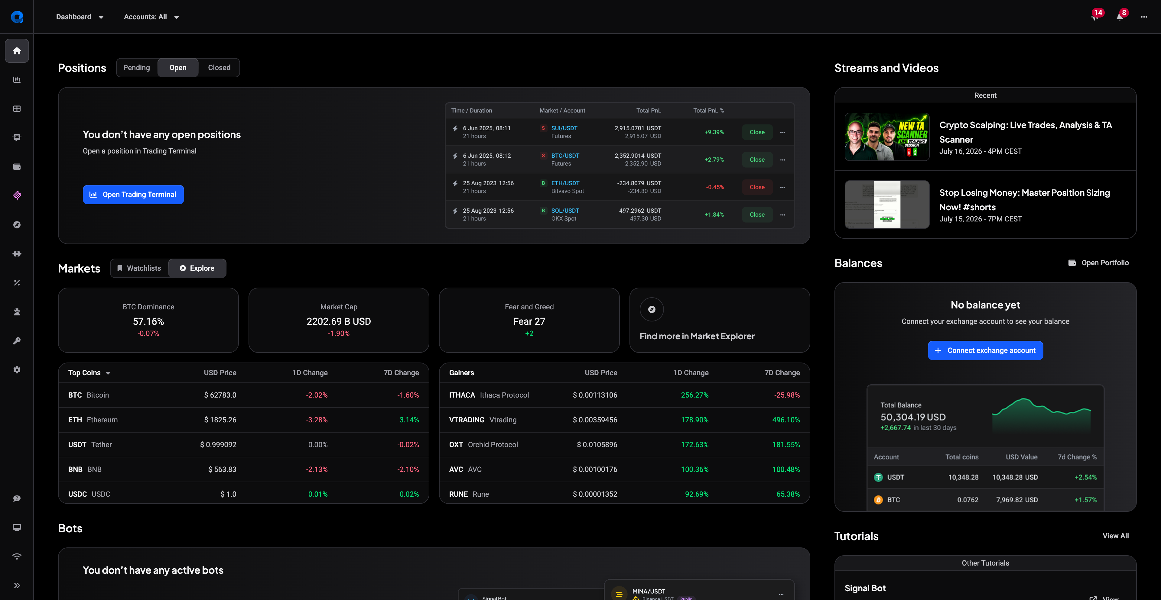 The Altrady Dashboard with the Positions, Markets, Bots, Streams and Videos, and Balances sections