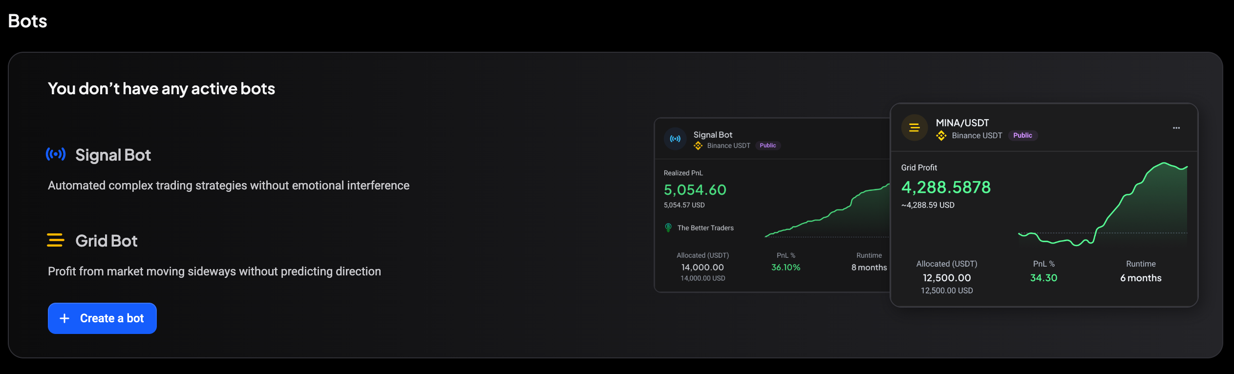 The Bots section listing active bots with net PnL, invested amount, and runtime
