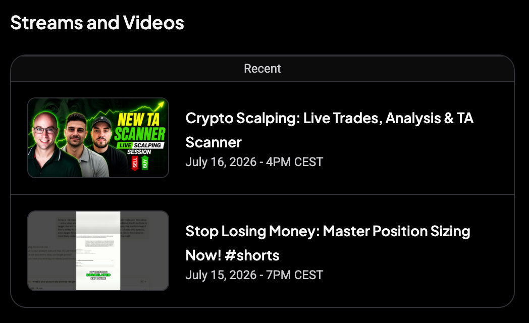 The Streams and Videos section showing the most recent video