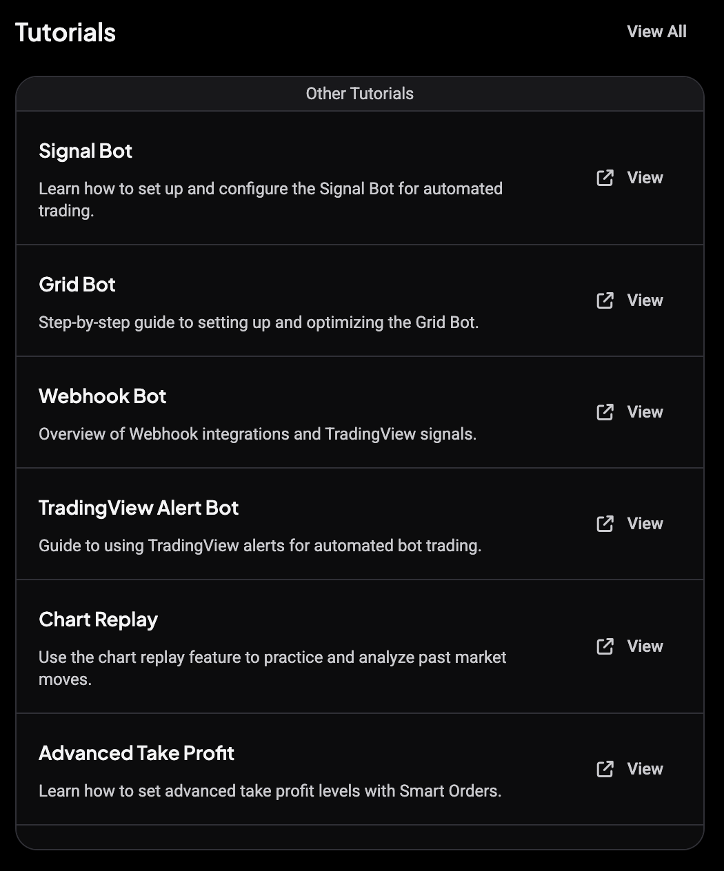 The Tutorials section with guides for bots, webhooks, and chart replay