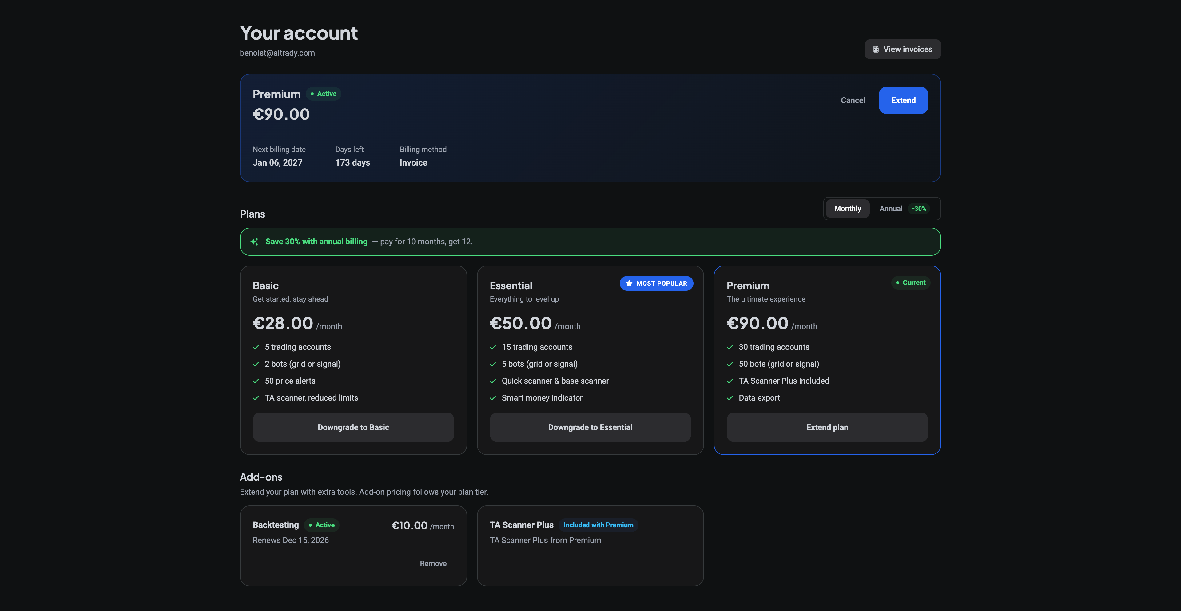 The plans overview with the add-ons section on the subscription page