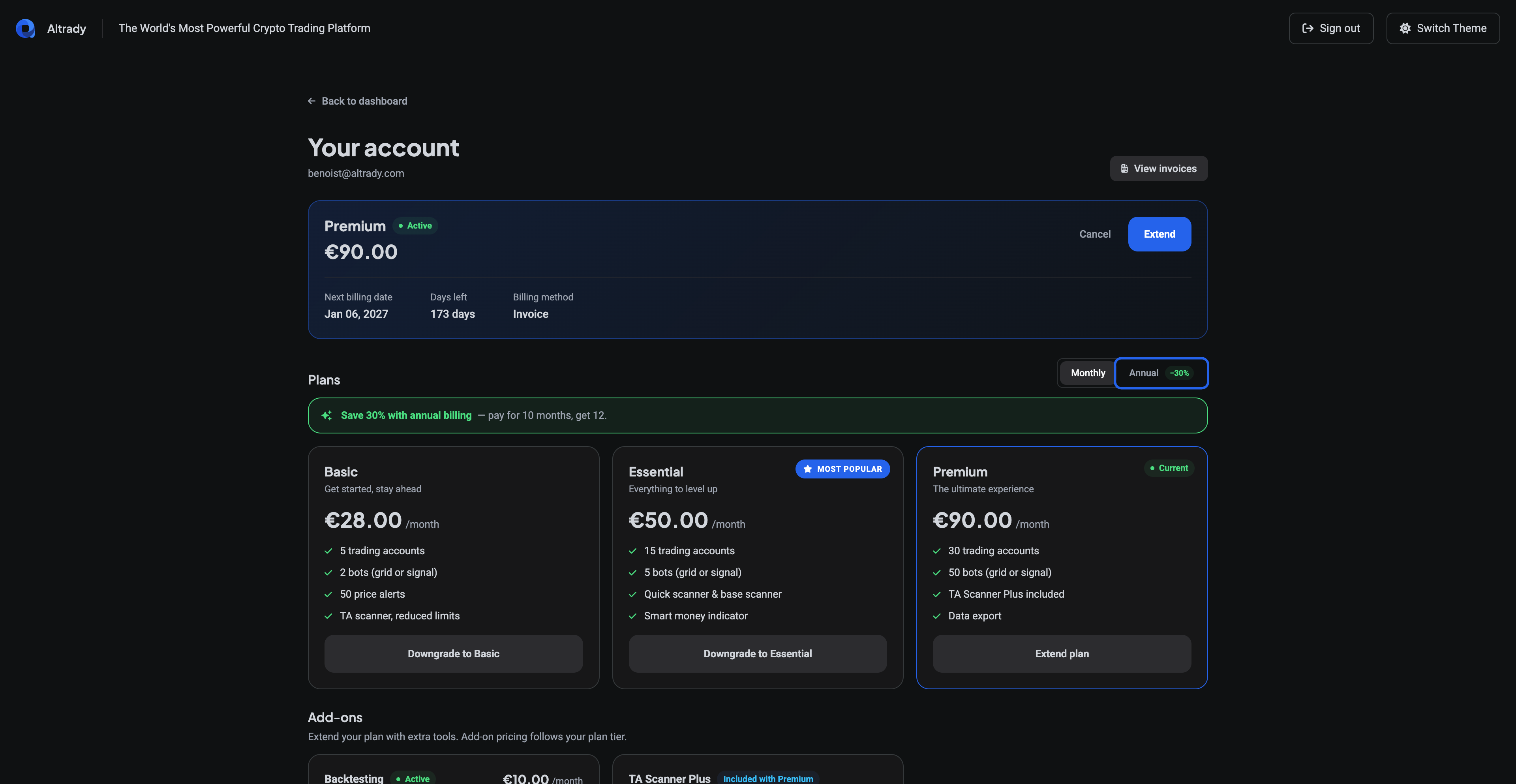 The plan comparison on the subscription page with the Annual discount toggle