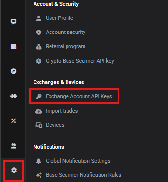 Exchange Account API Keys page in Altrady settings