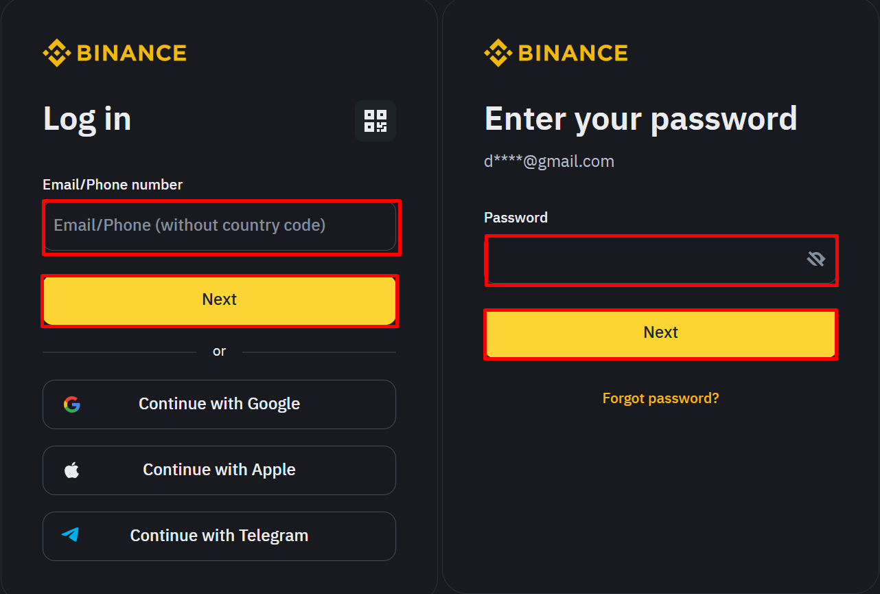 Binance login screen