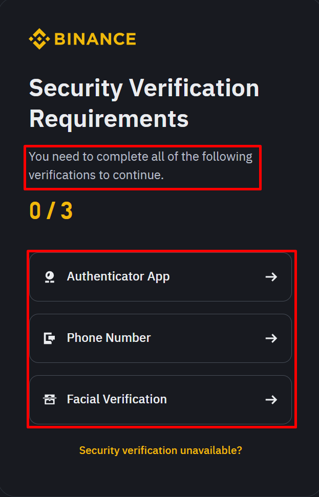 Binance verification screen