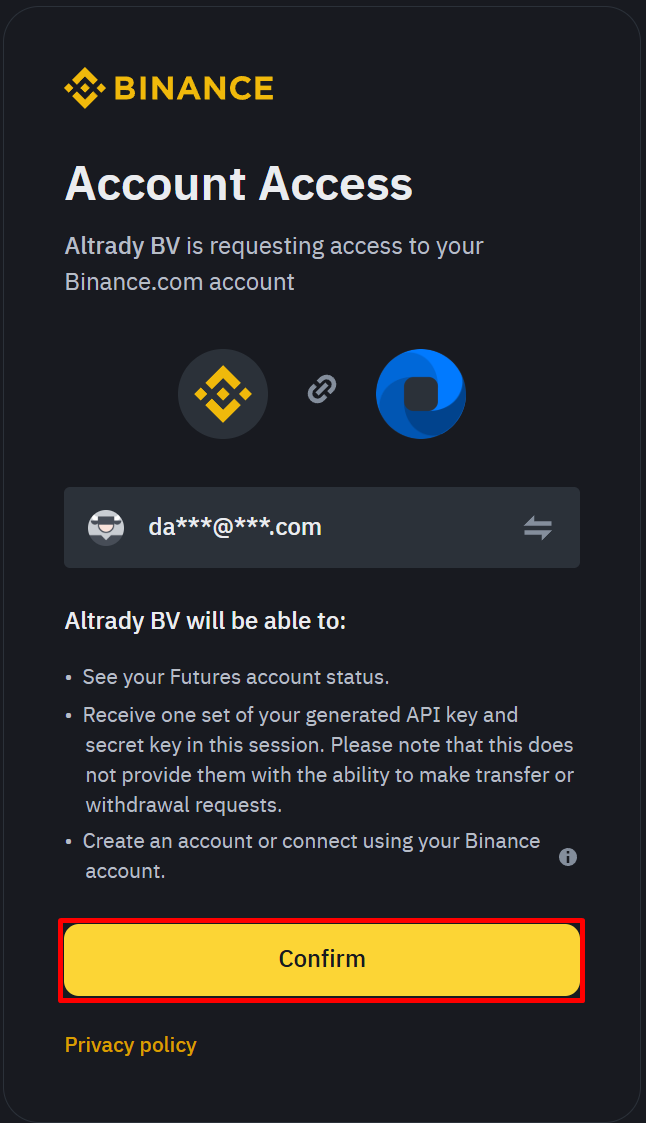 Confirm screen for creating the Fast Connect API key