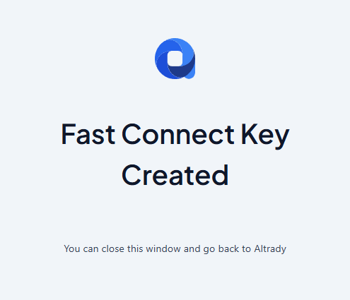 Message on the redirect page confirming the Fast Connect API key was created successfully