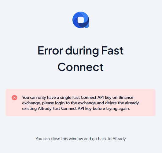Error message shown when a Fast Connect API key already exists on the Binance account