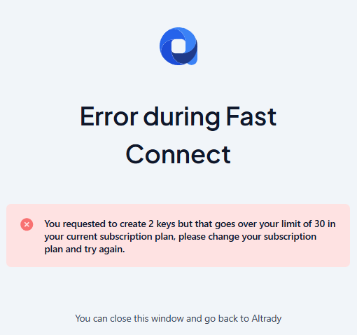 Error message shown when the new Trading Accounts would exceed the current plan’s limit