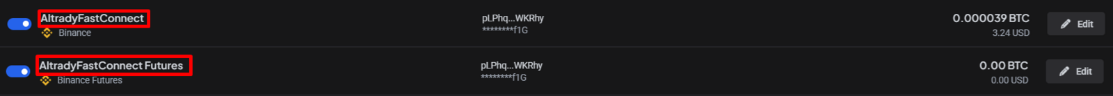 Trading account list showing the option to edit the account label