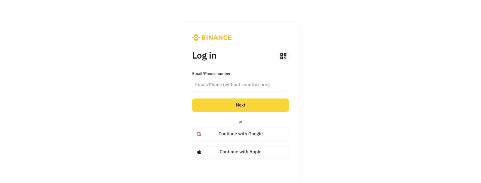 Binance login page