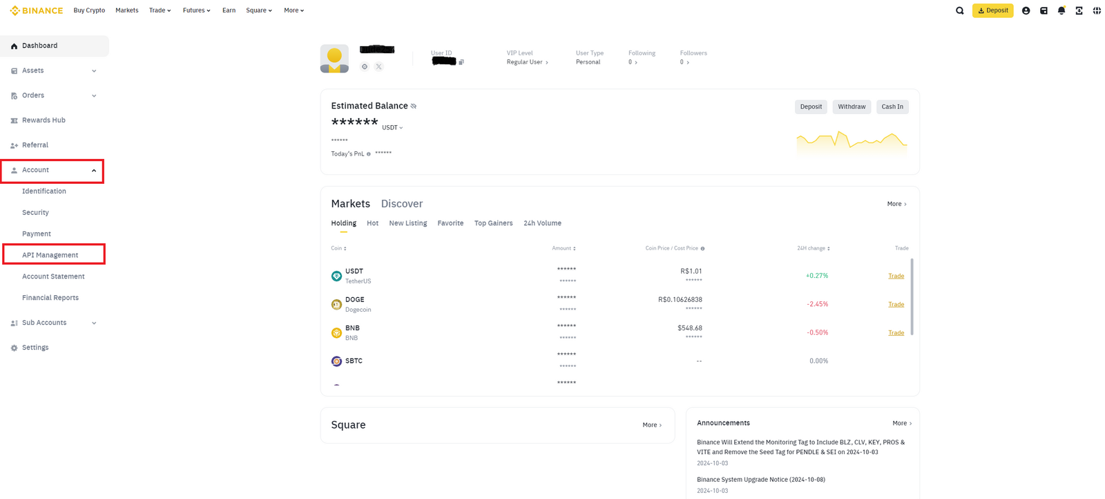 Binance account menu showing API Management