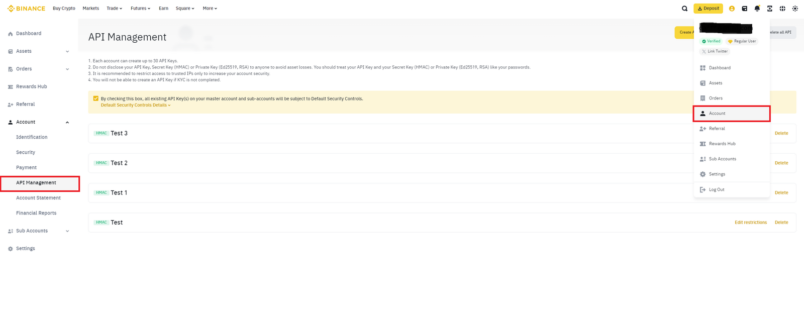 Binance API Management page