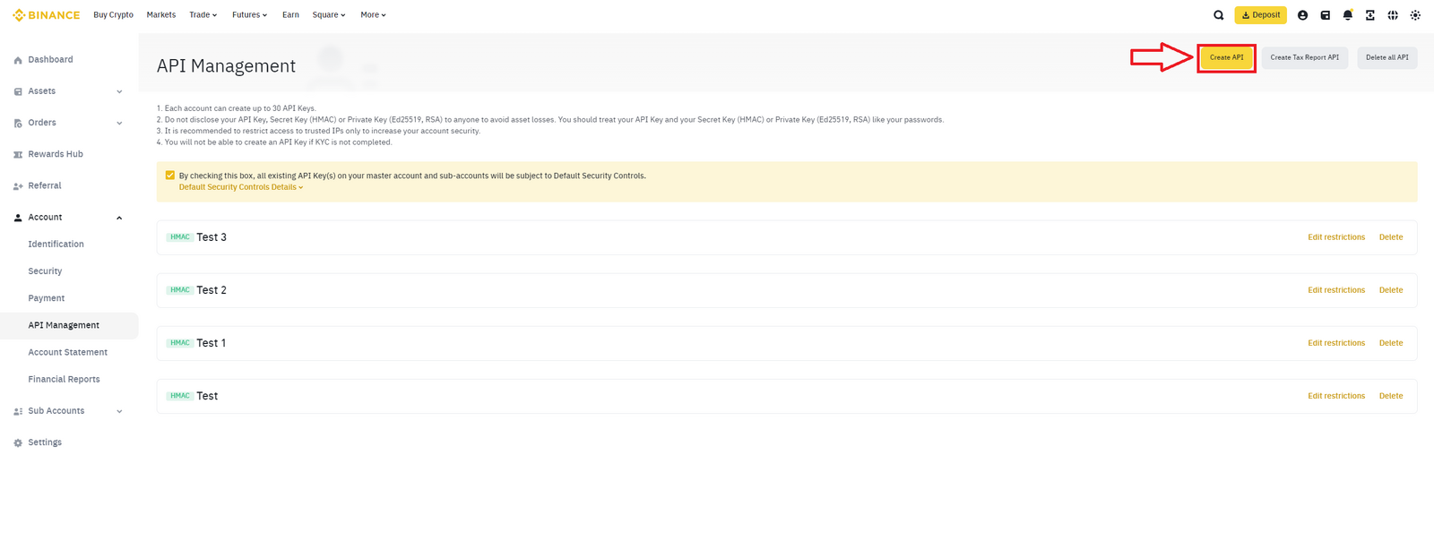 Create API button on Binance