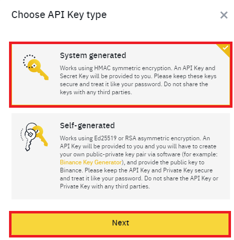System Generated API key type selection