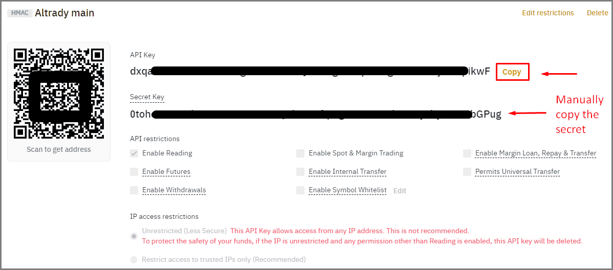 Binance API key and Secret key display