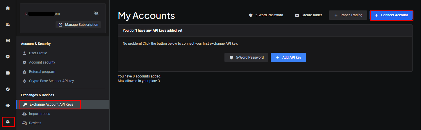 Add API Key button on the Exchange Account API Keys page