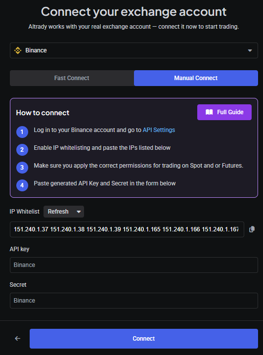 Manual Connect window with fields for API key, Secret key, and IP whitelist