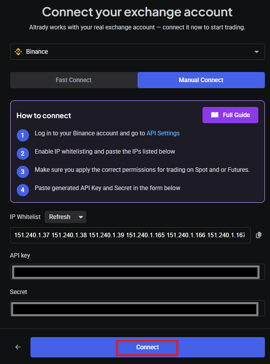 Connect button in Altrady