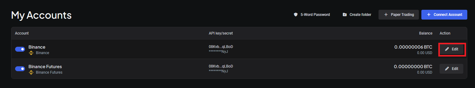 Edit and delete options for a Trading Account