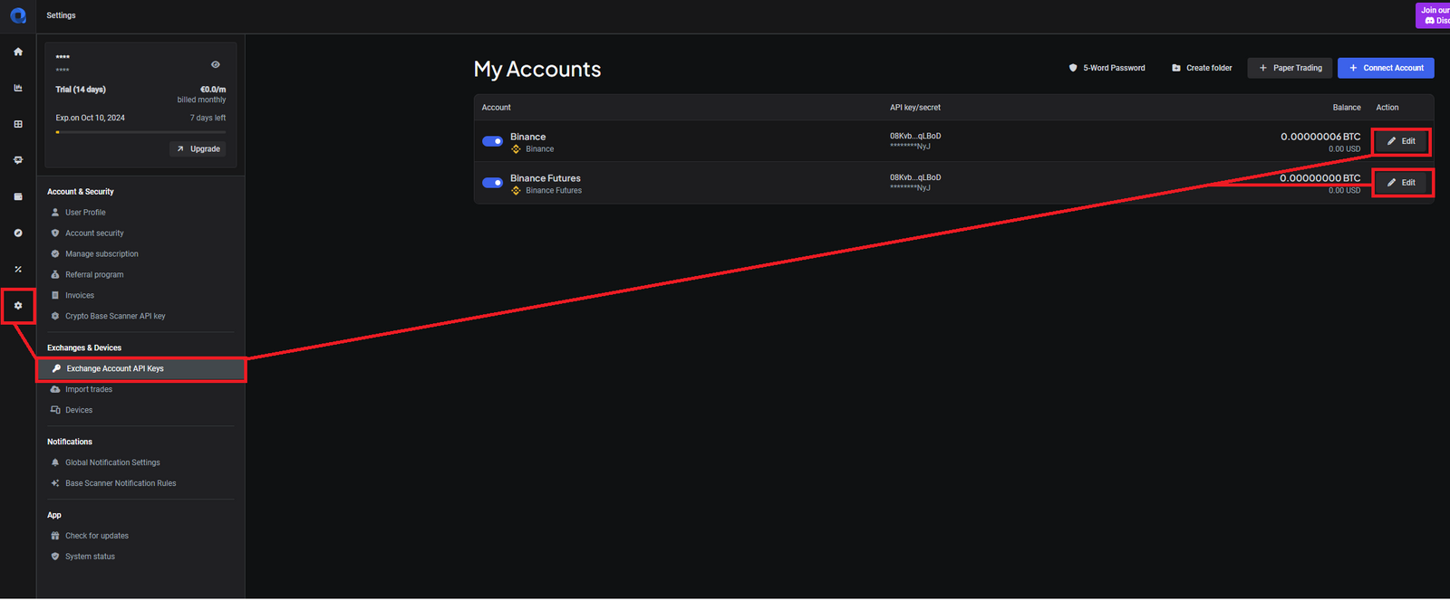 Editing a Trading Account to find its IP addresses