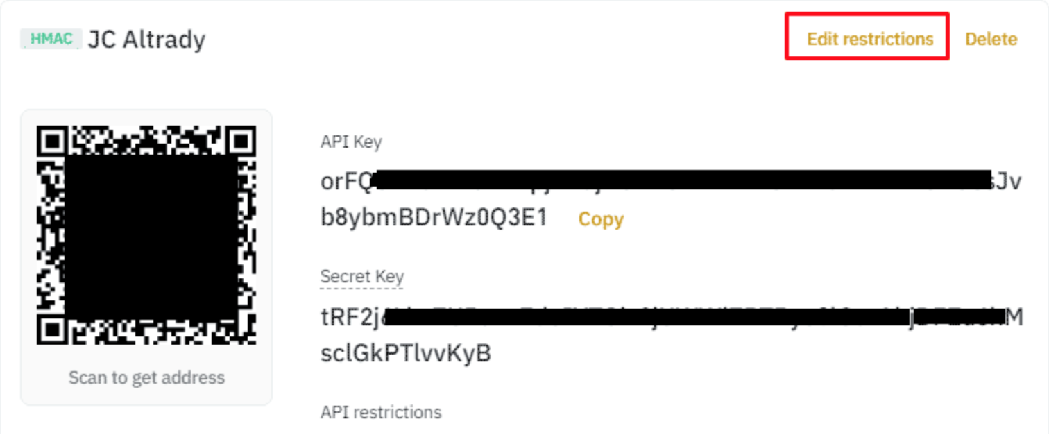 Clicking Edit on the Binance API key