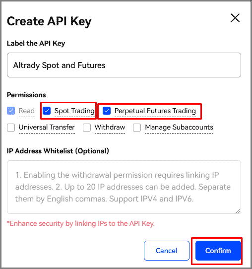 BingX API key and secret displayed after confirming