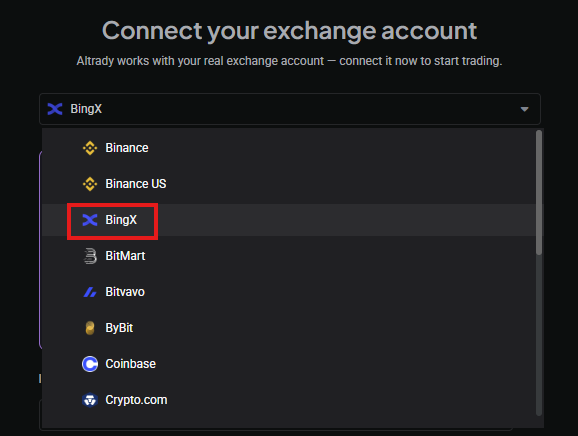 Altrady Connect Account screen with exchange list