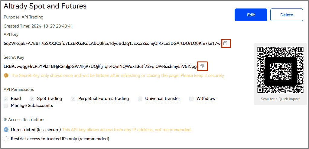 Copying the API key and secret from BingX to Altrady