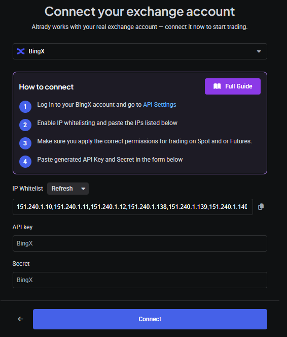 Altrady account setup form with label and trading type options