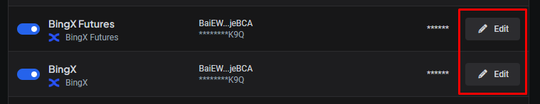 Editing an existing BingX trading account to update the key and secret