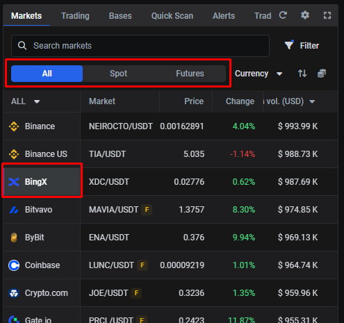Markets widget filtered to BingX
