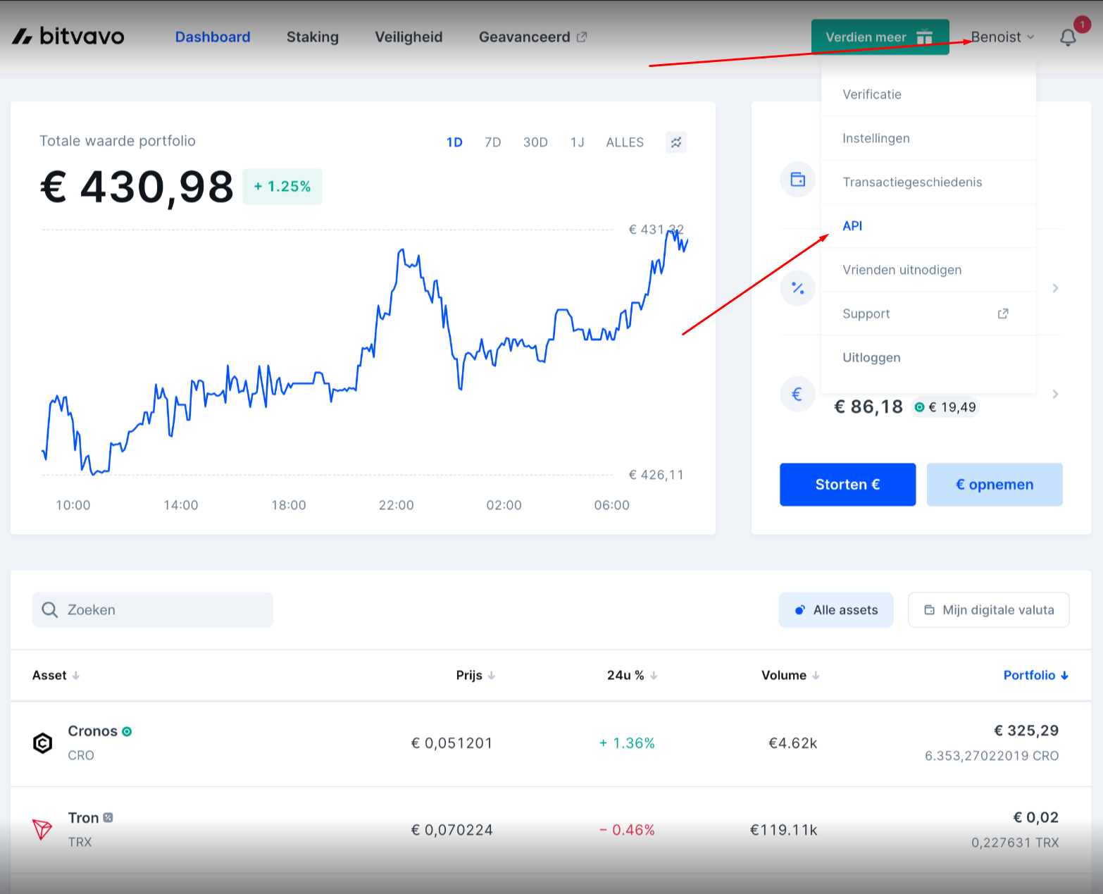 Bitvavo account menu showing the API option