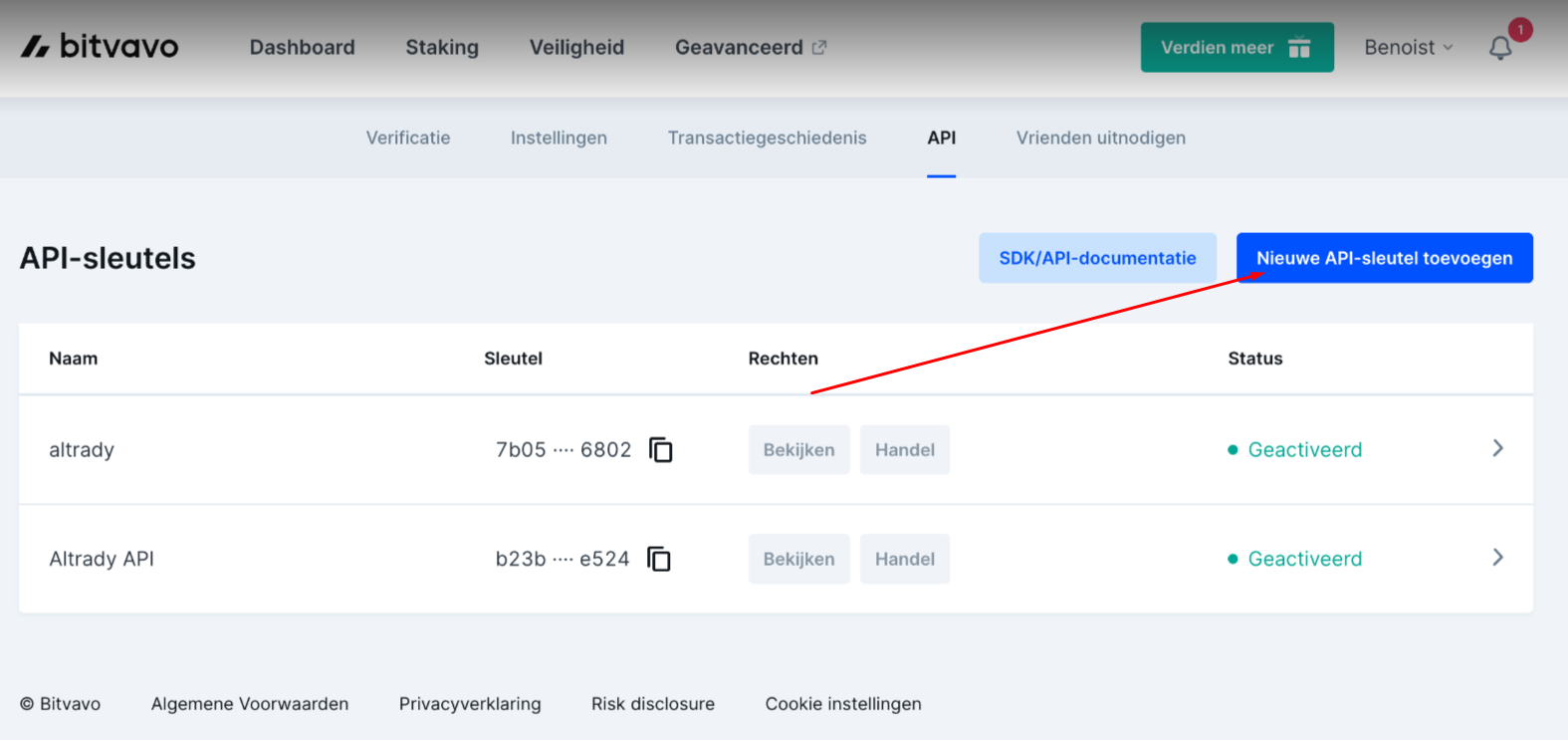 Bitvavo API page with the Request New API Key button