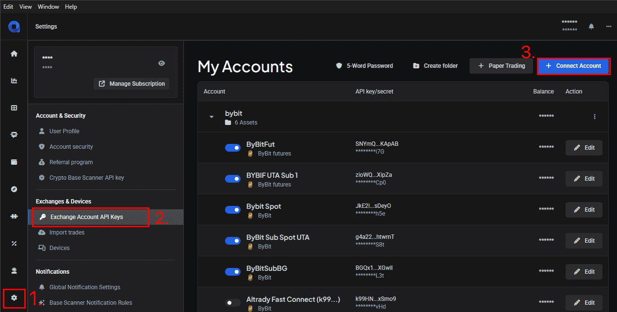 Altrady Exchange account API keys screen with the Connect Account button