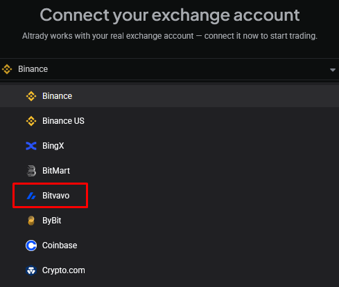 Selecting Bitvavo from Altrady’s exchange dropdown list