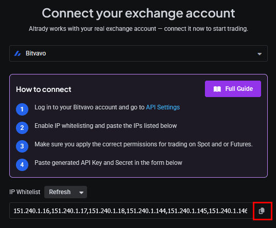 Copying Altrady’s IP whitelist from the connect screen