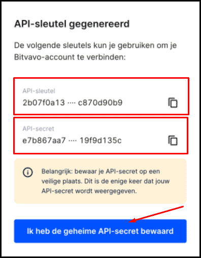 Bitvavo pop-up showing the new API key and secret