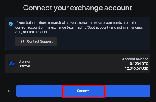 Clicking Connect to confirm the new exchange account