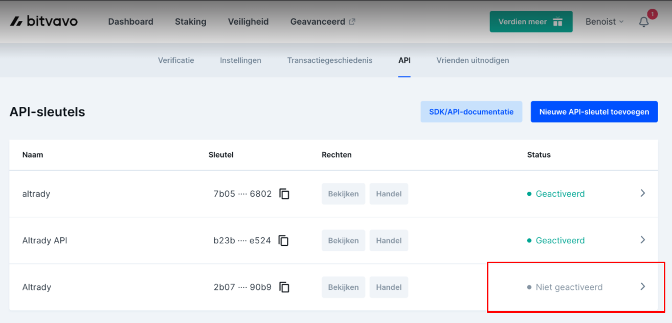 Bitvavo screen for activating the API key