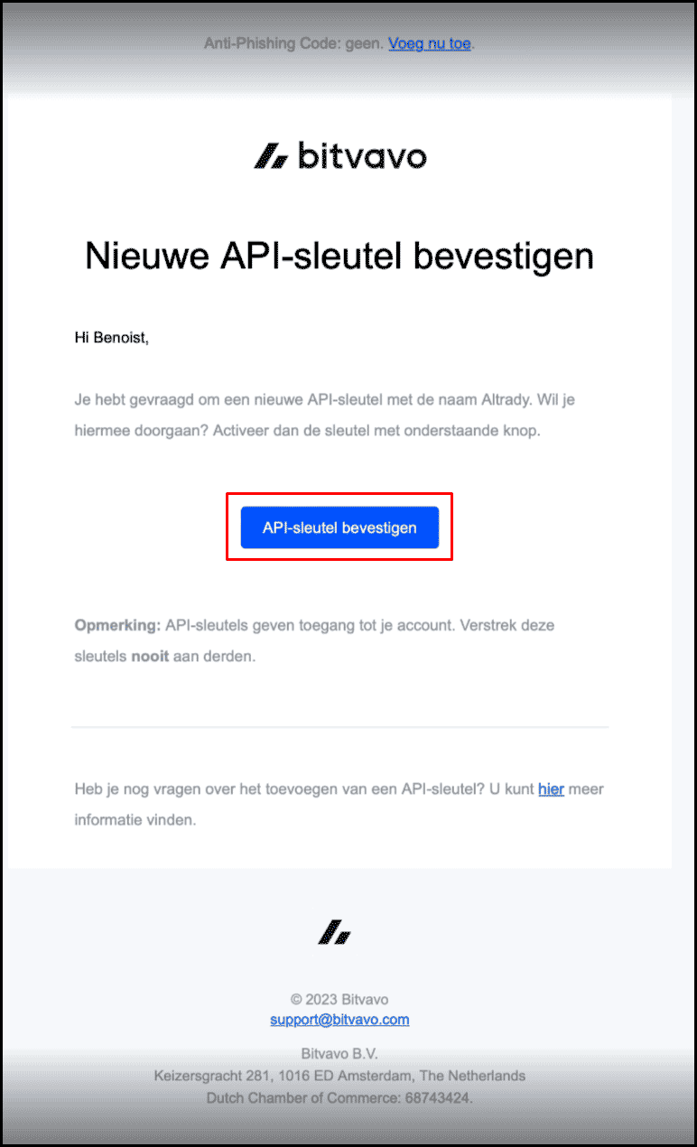Activating the Bitvavo API key