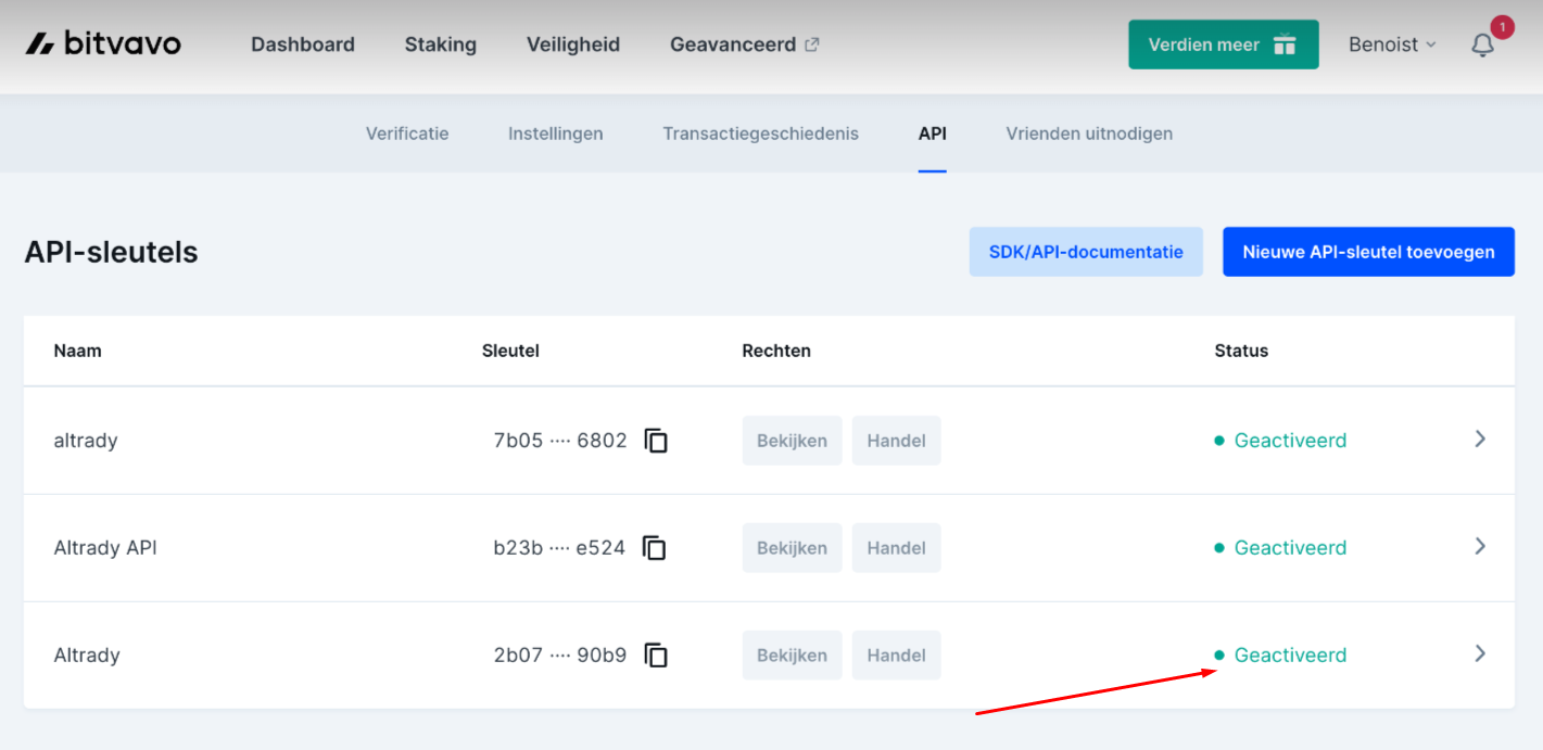Bitvavo confirming the API key is activated