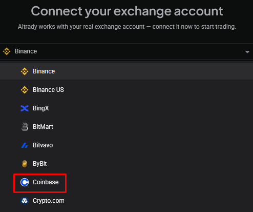 Selecting Coinbase from the exchange dropdown