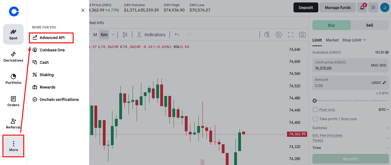Coinbase left menu showing More and Advanced API
