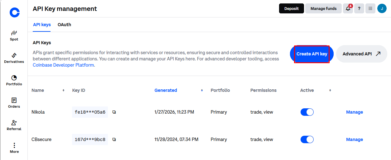 Create API Key confirmation screen